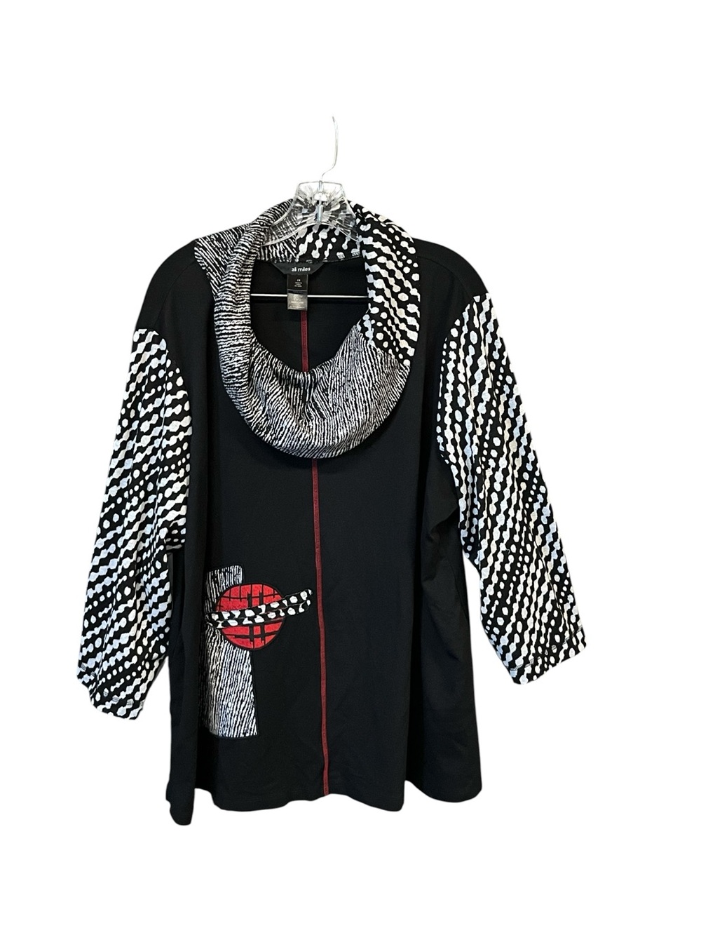 Ali Miles Women’s 2X Artistic Tunic Top Black White Red Abstract Cowl Neck